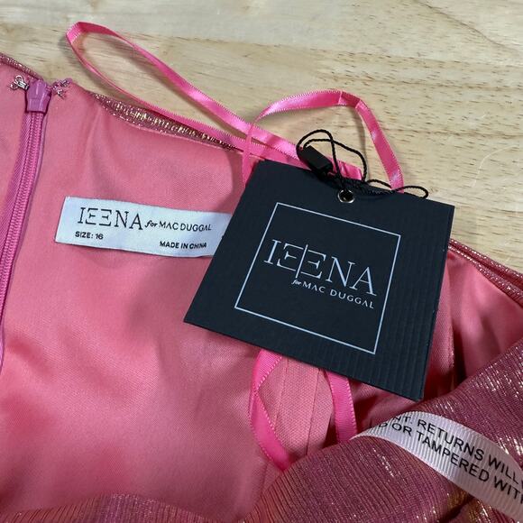 Mac Duggal NWT Off The Shoulder Ruched Waist Slit Metallic Gown Pink Size 16 - Picture 4 of 9